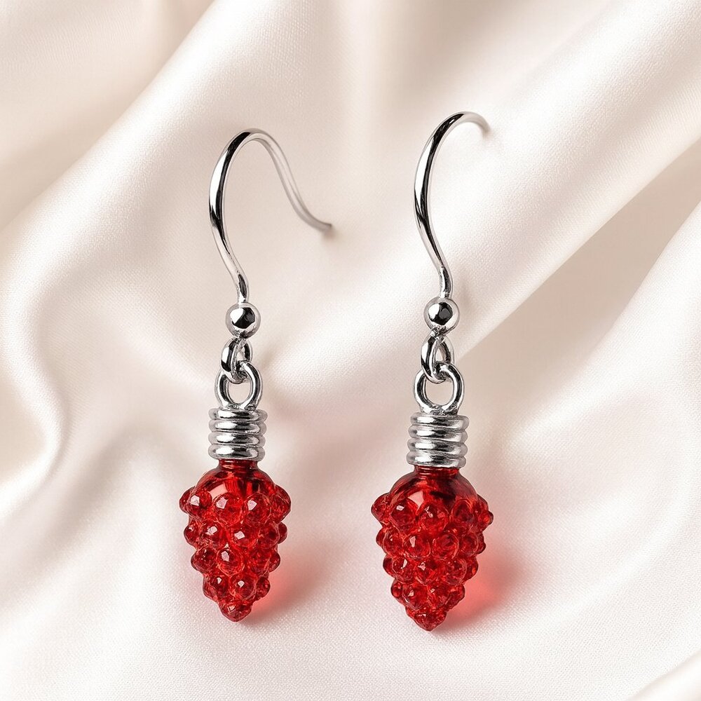 Red Pinecone Drop Dangle Earrings – Festive Silver Coil Accent Holiday Jewelry